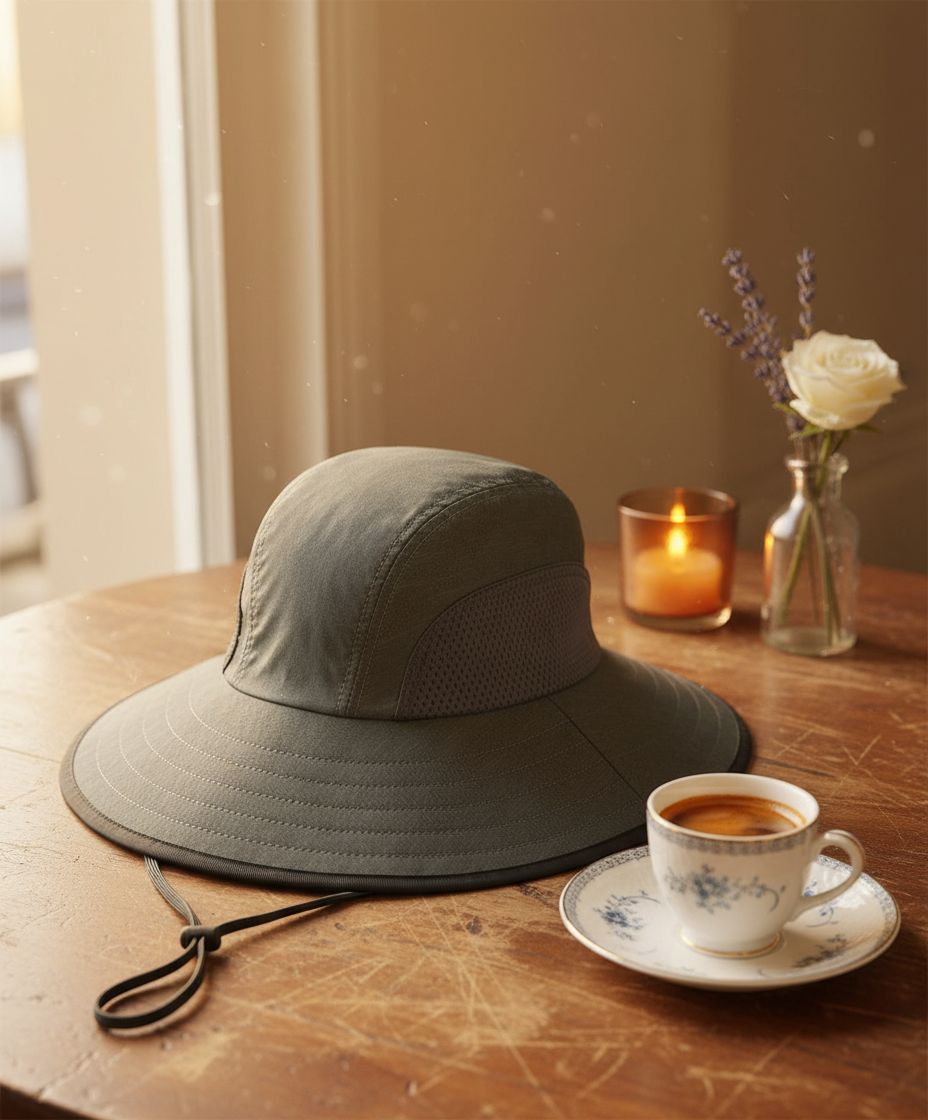 wide-brimmed sun hat in neutral tone — lightweight nylon blend — view 2