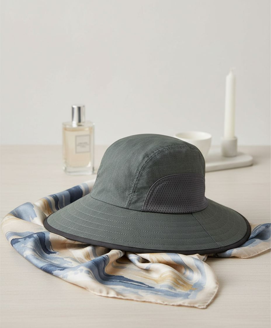 wide-brimmed sun hat in neutral tone — lightweight nylon blend — view 3