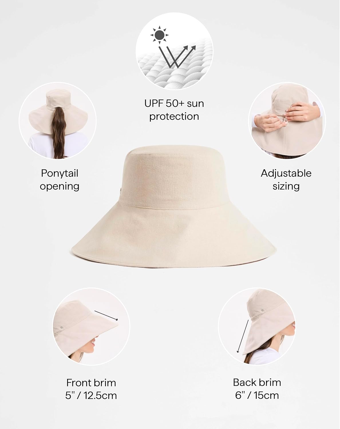 ultra-wide cotton linen sun hat with ponytail hole, beach and travel essential — view 3