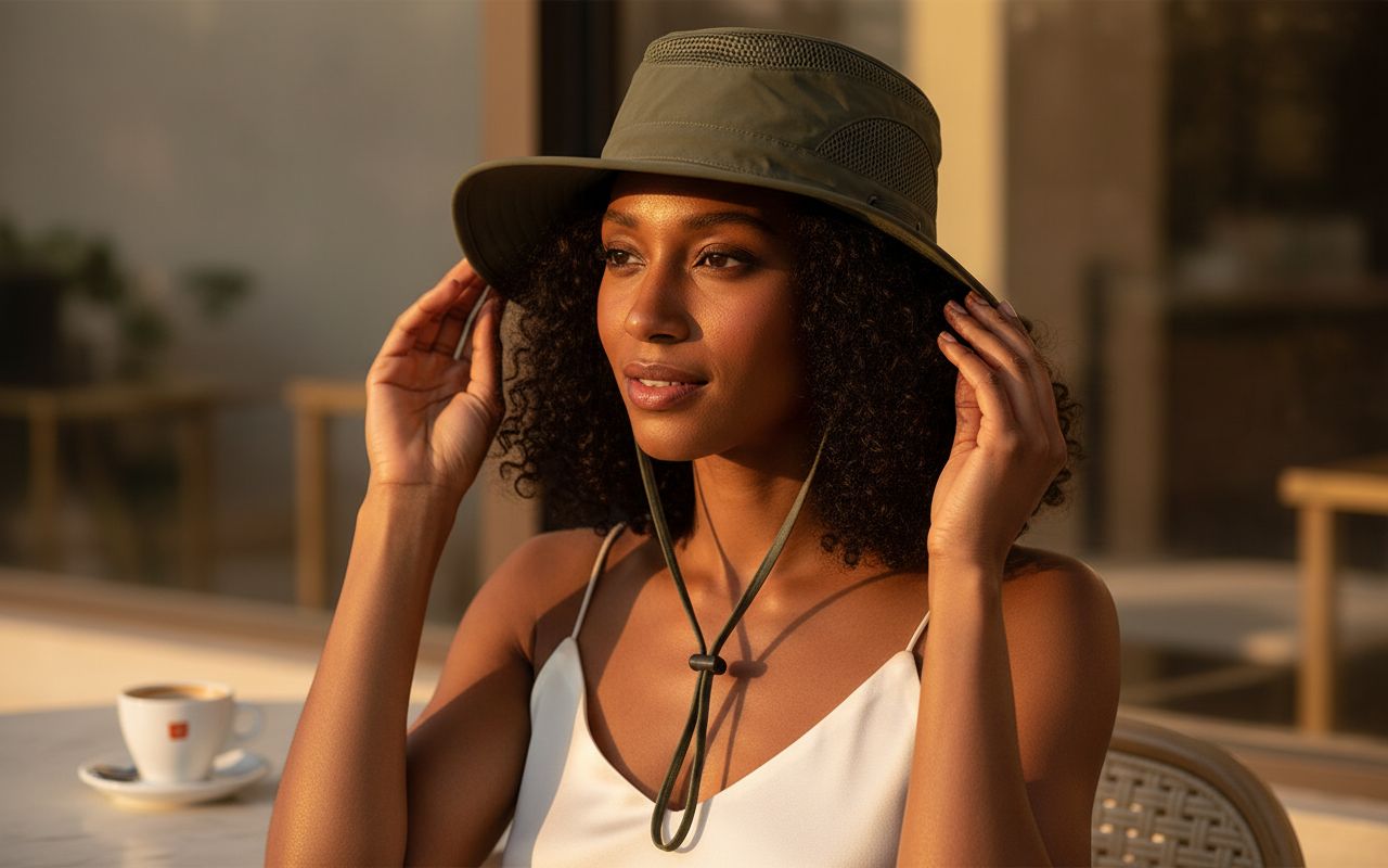 ultralight sun hat in neutral tone with water-resistant nylon and UPF 50+ protection — view 3