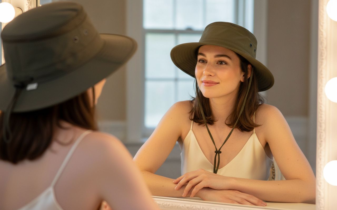 ultralight sun hat in neutral tone with water-resistant nylon and UPF 50+ protection — view 2