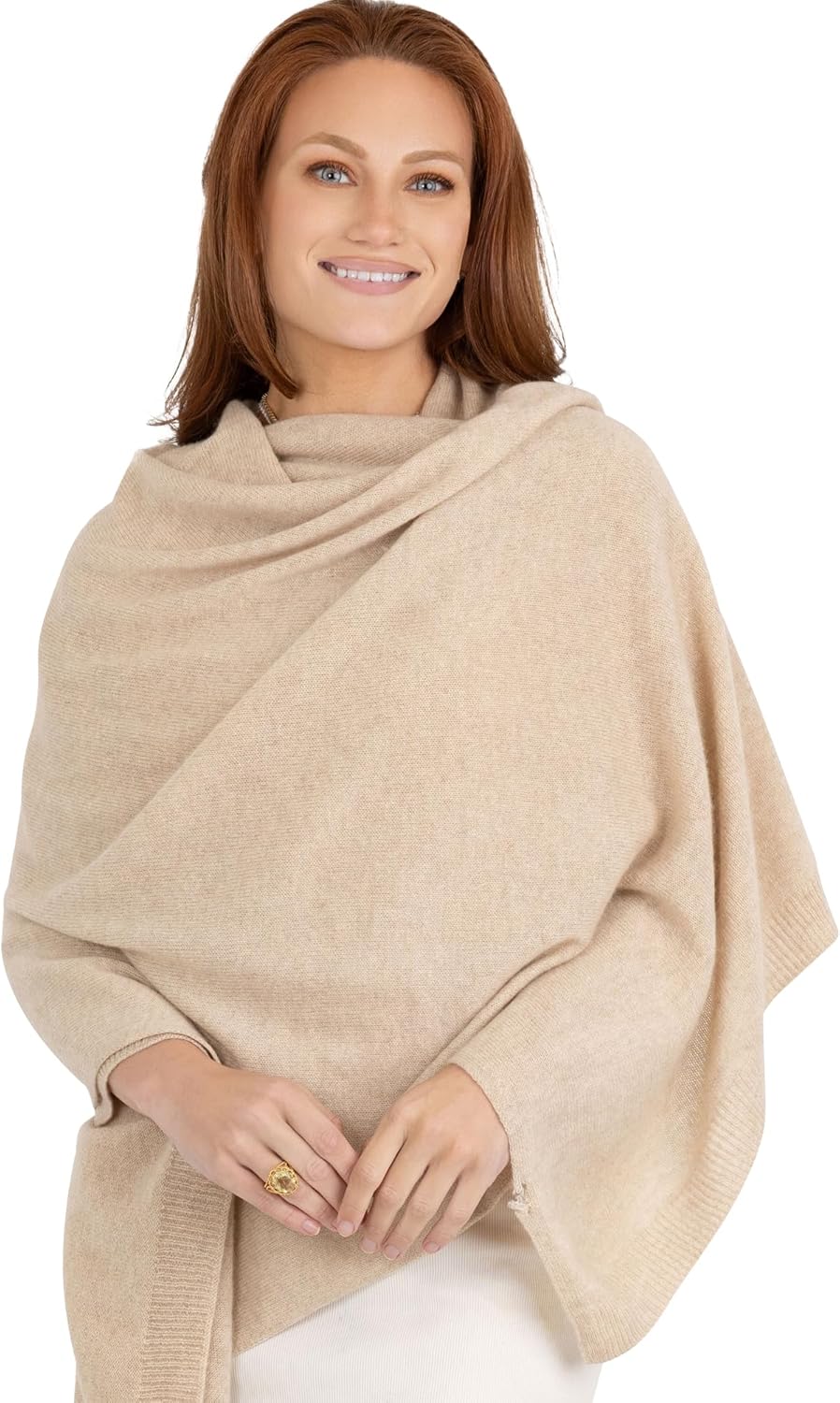 Cashmere knitted wrap shawl in warm neutral — extra large for travel and layering — view 5