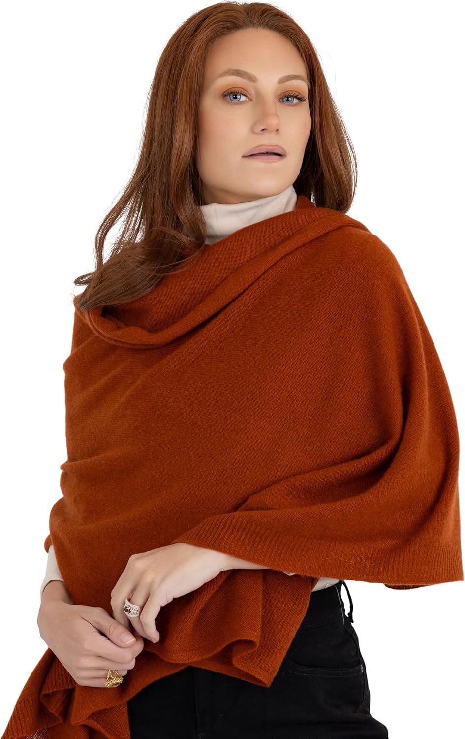 Cashmere knitted wrap shawl in warm neutral — extra large for travel and layering — front