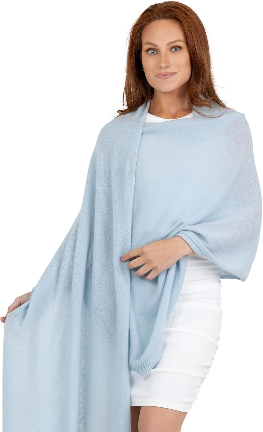 Cashmere knitted wrap shawl in warm neutral — extra large for travel and layering — side