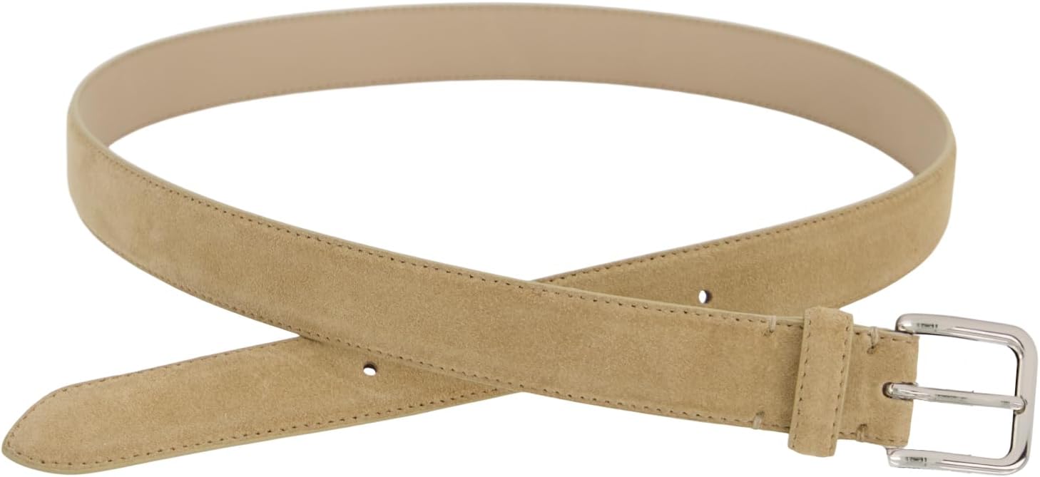 Suede skinny belt in warm neutral tone with stitched detail — front