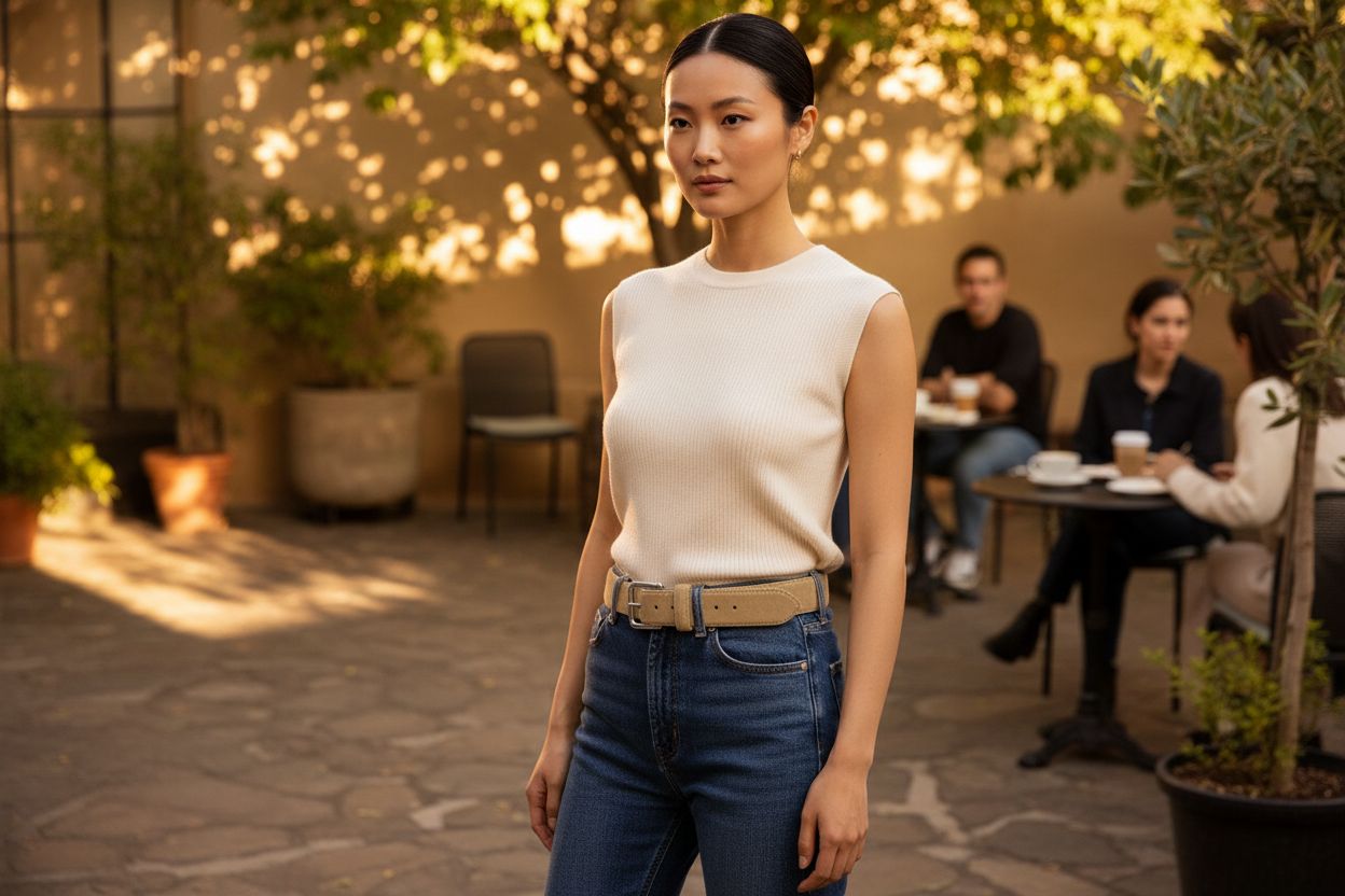 Suede skinny belt in warm neutral tone with stitched detail — view 1