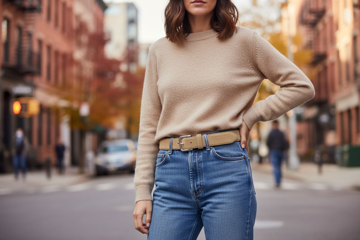 Suede skinny belt in warm neutral tone with stitched detail — view 2