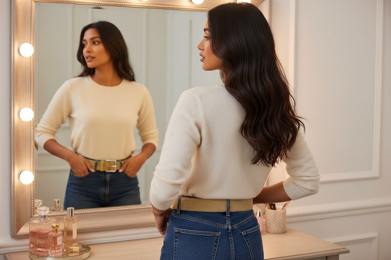 Suede skinny belt in warm neutral tone with stitched detail — view 6