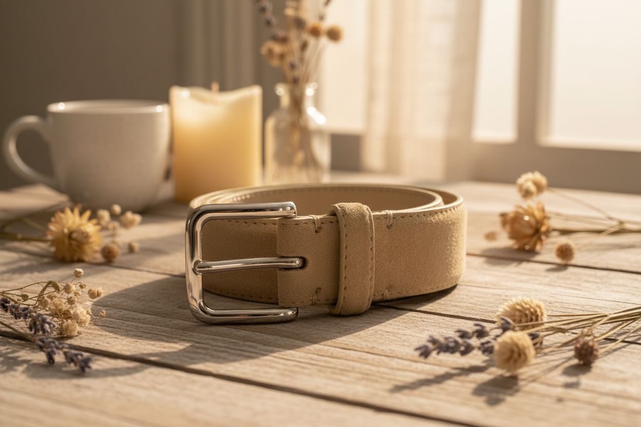 Suede skinny belt in warm neutral tone with stitched detail — view 2