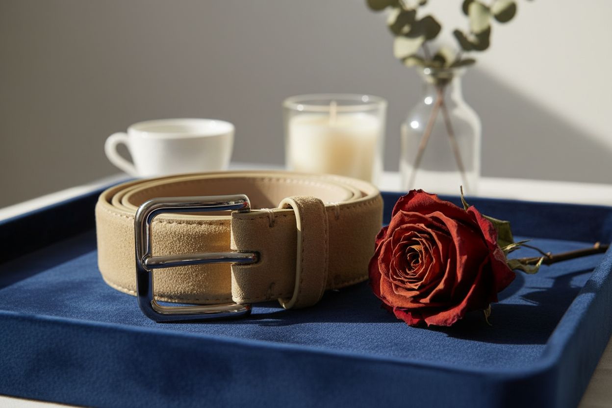 Suede skinny belt in warm neutral tone with stitched detail — view 3