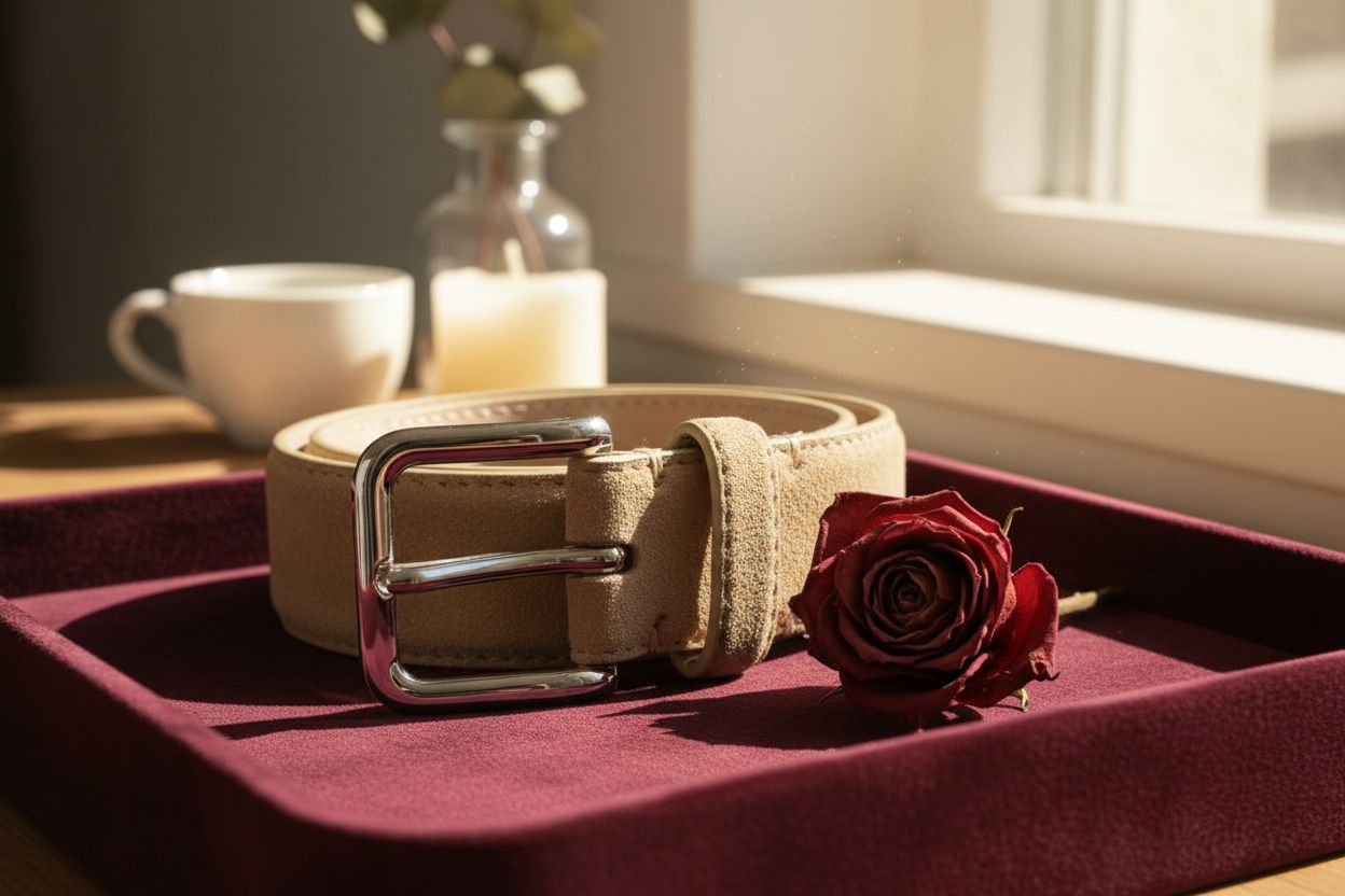 Suede skinny belt in warm neutral tone with stitched detail — view 7