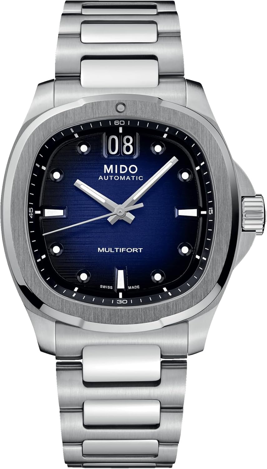 Swiss automatic watch in silver stainless steel with transparent caseback, classic men's timepiece — front