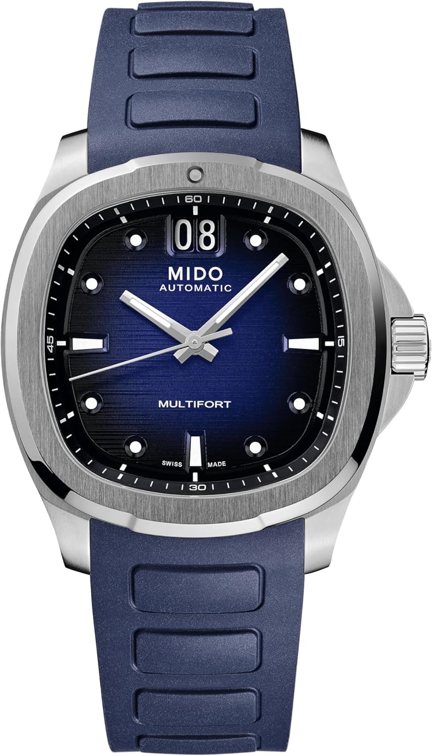 Swiss automatic watch in silver stainless steel with transparent caseback, classic men's timepiece — side