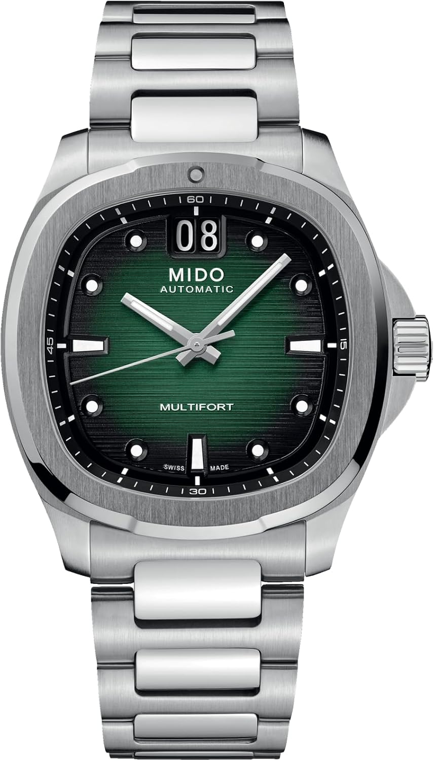 Swiss automatic watch in silver stainless steel with transparent caseback, classic men's timepiece — back