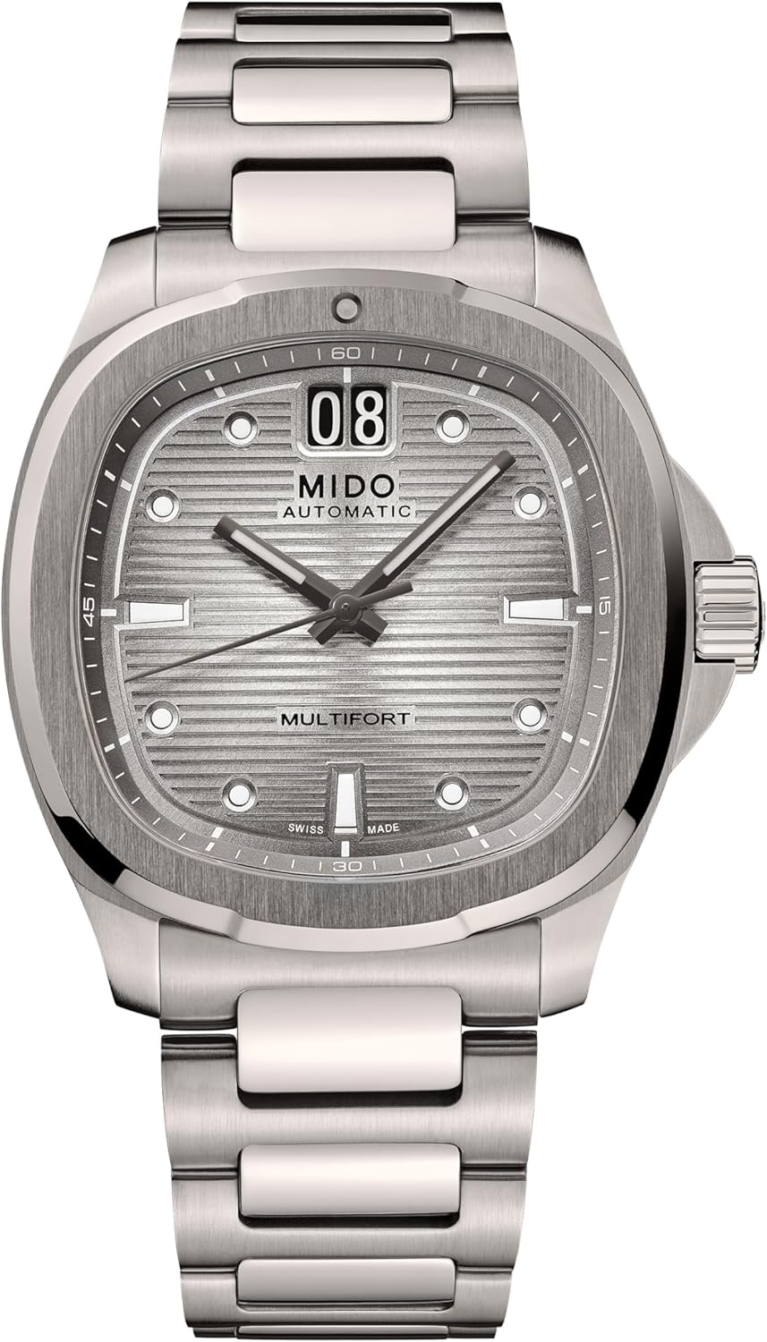 Swiss automatic watch in silver stainless steel with transparent caseback, classic men's timepiece — detail