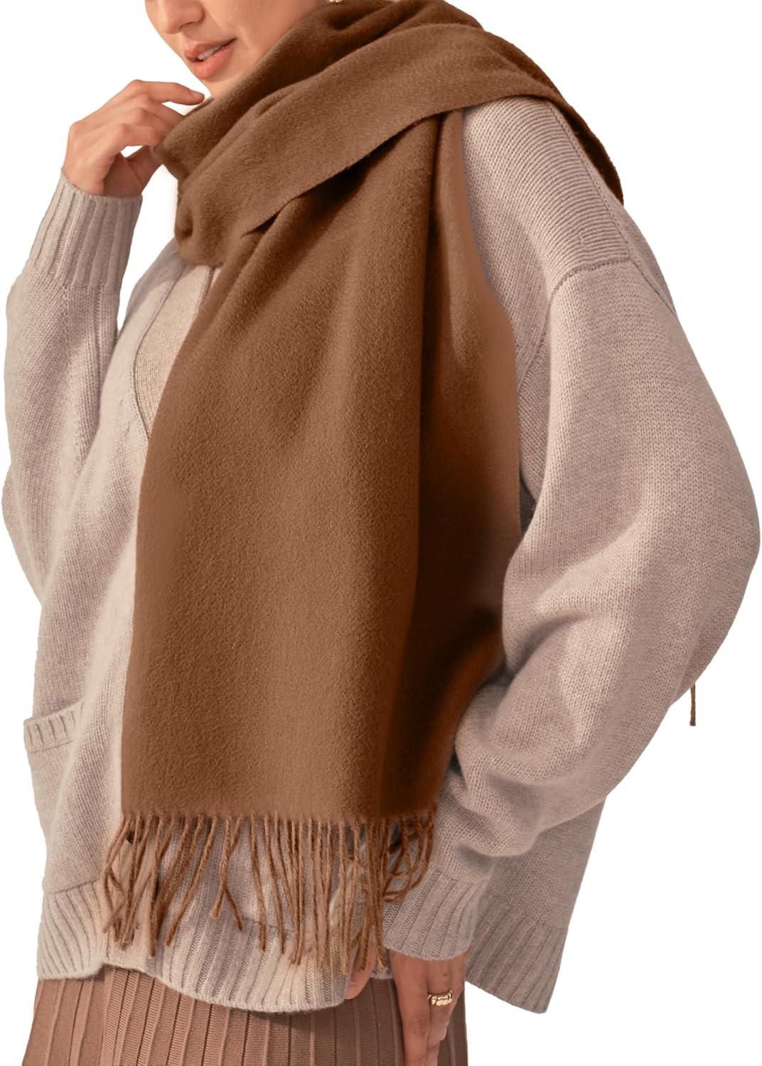 Cashmere winter scarf in warm neutral tone with fringed edges — view 1
