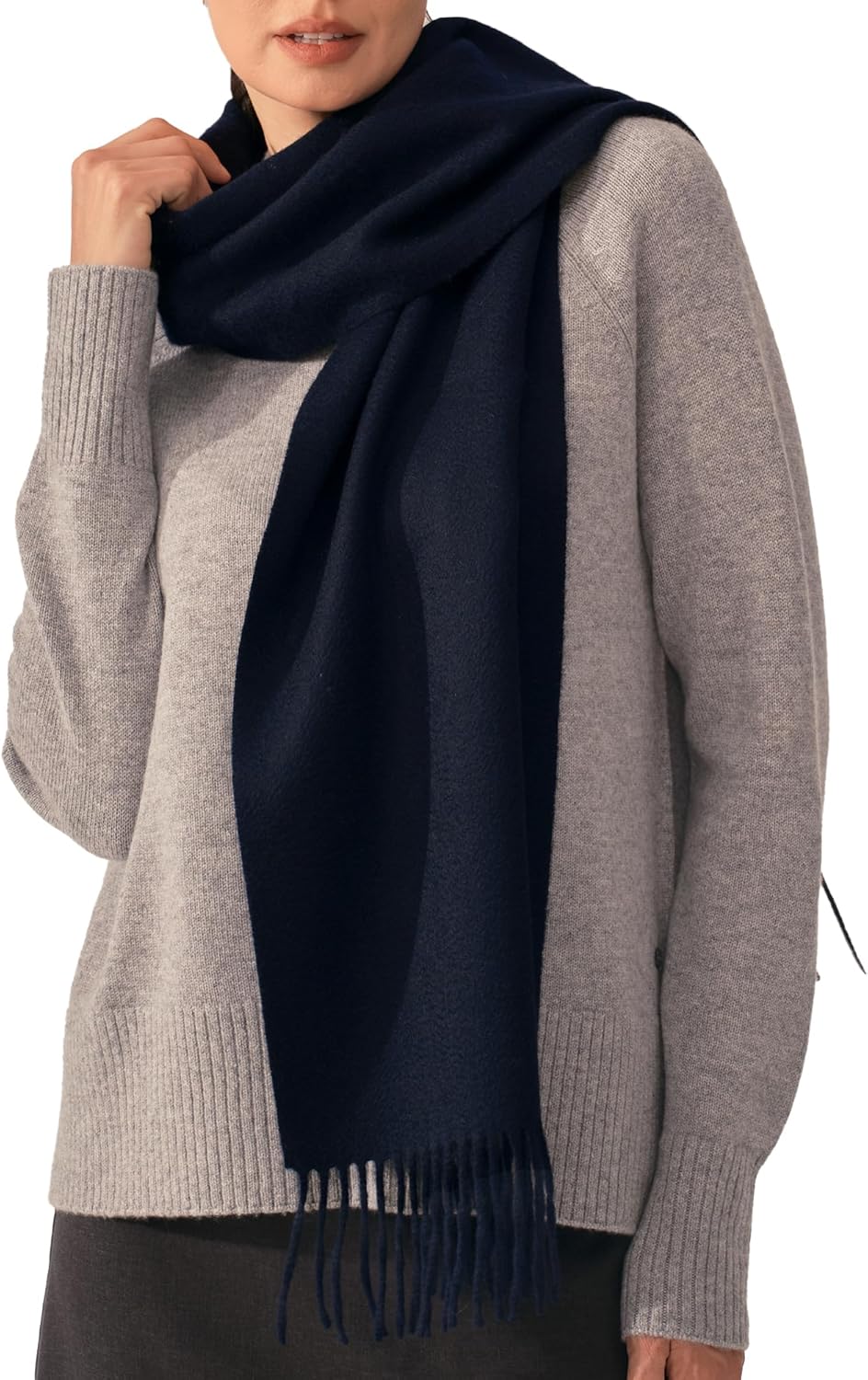 Cashmere winter scarf in warm neutral tone with fringed edges — view 3