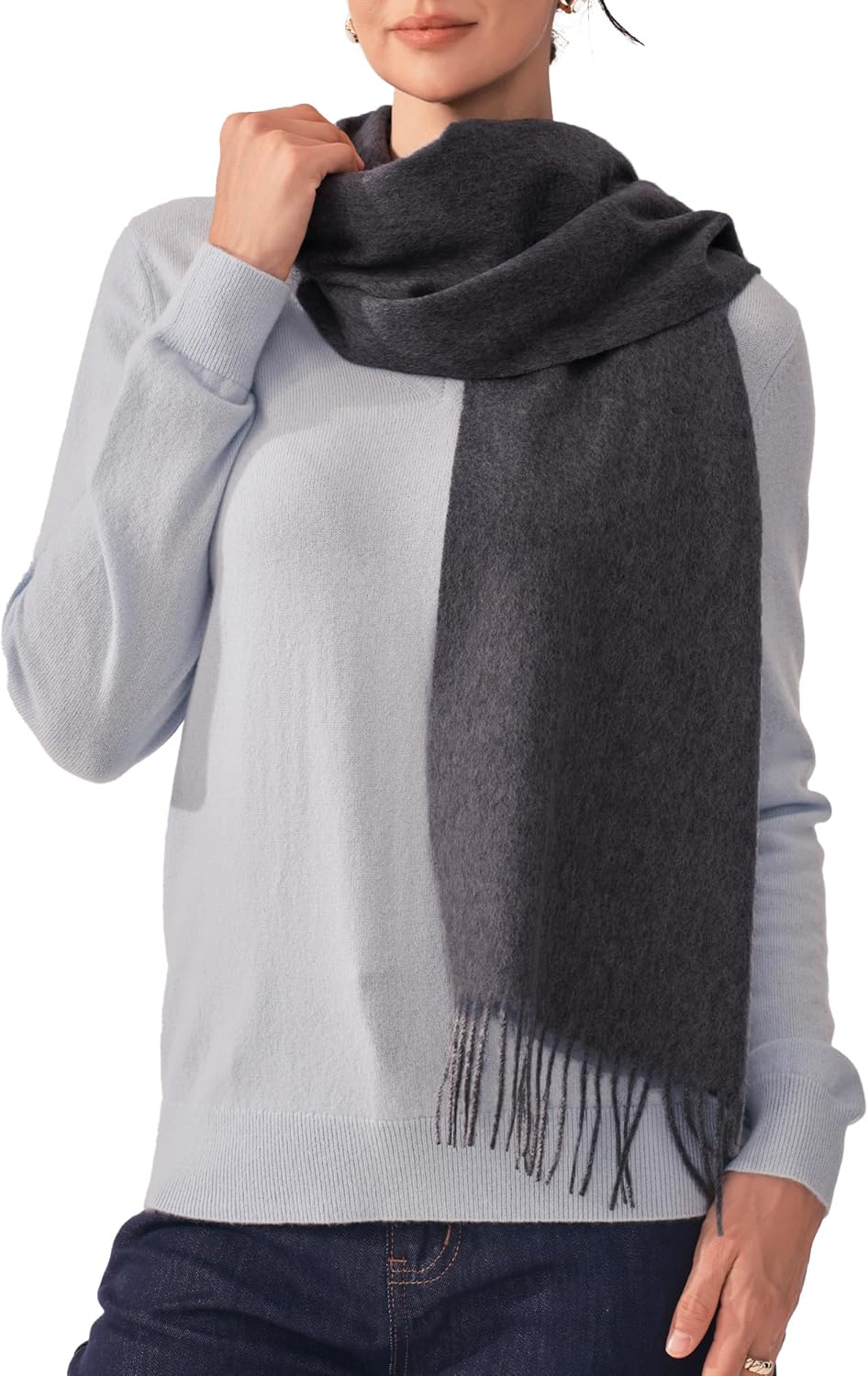 Cashmere winter scarf in warm neutral tone with fringed edges — front