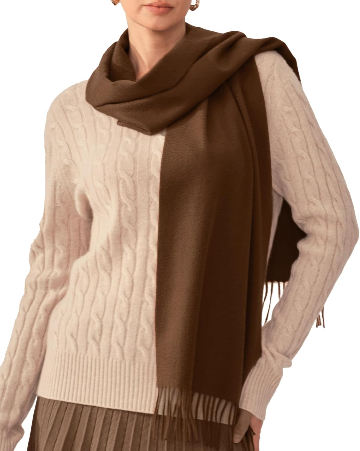 Cashmere winter scarf in warm neutral tone with fringed edges — side