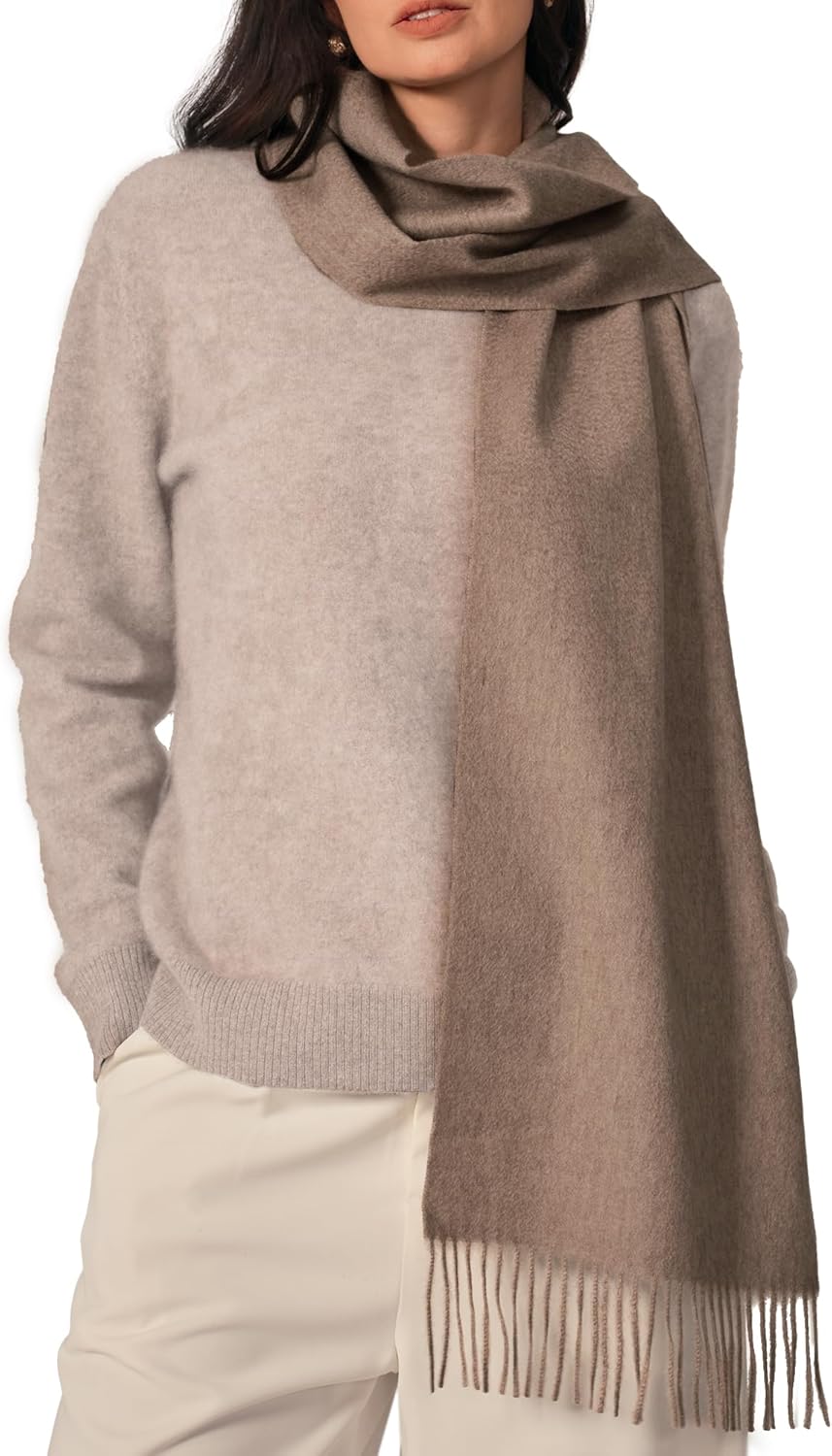 Cashmere winter scarf in warm neutral tone with fringed edges — back
