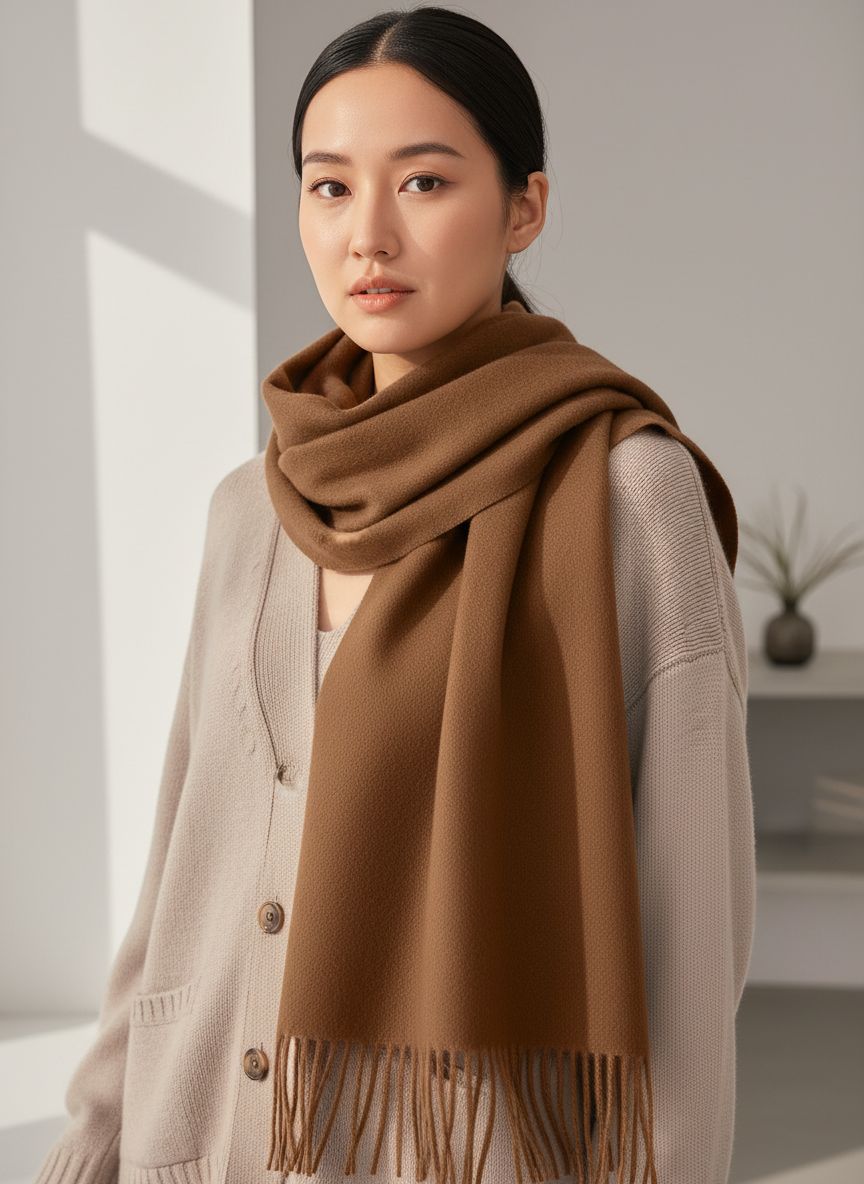 Cashmere winter scarf in warm neutral tone with fringed edges — view 1