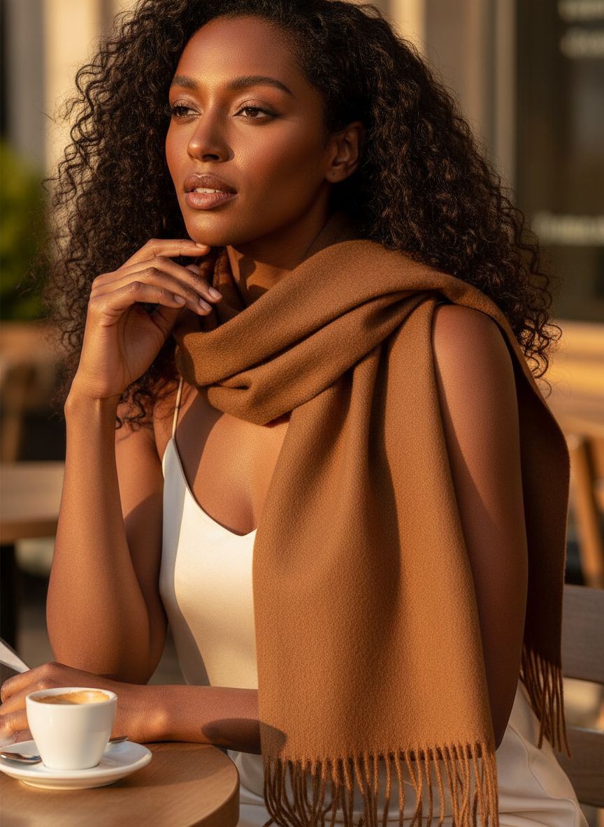 Cashmere winter scarf in warm neutral tone with fringed edges — view 3