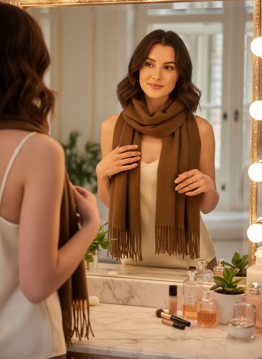 Cashmere winter scarf in warm neutral tone with fringed edges — view 2