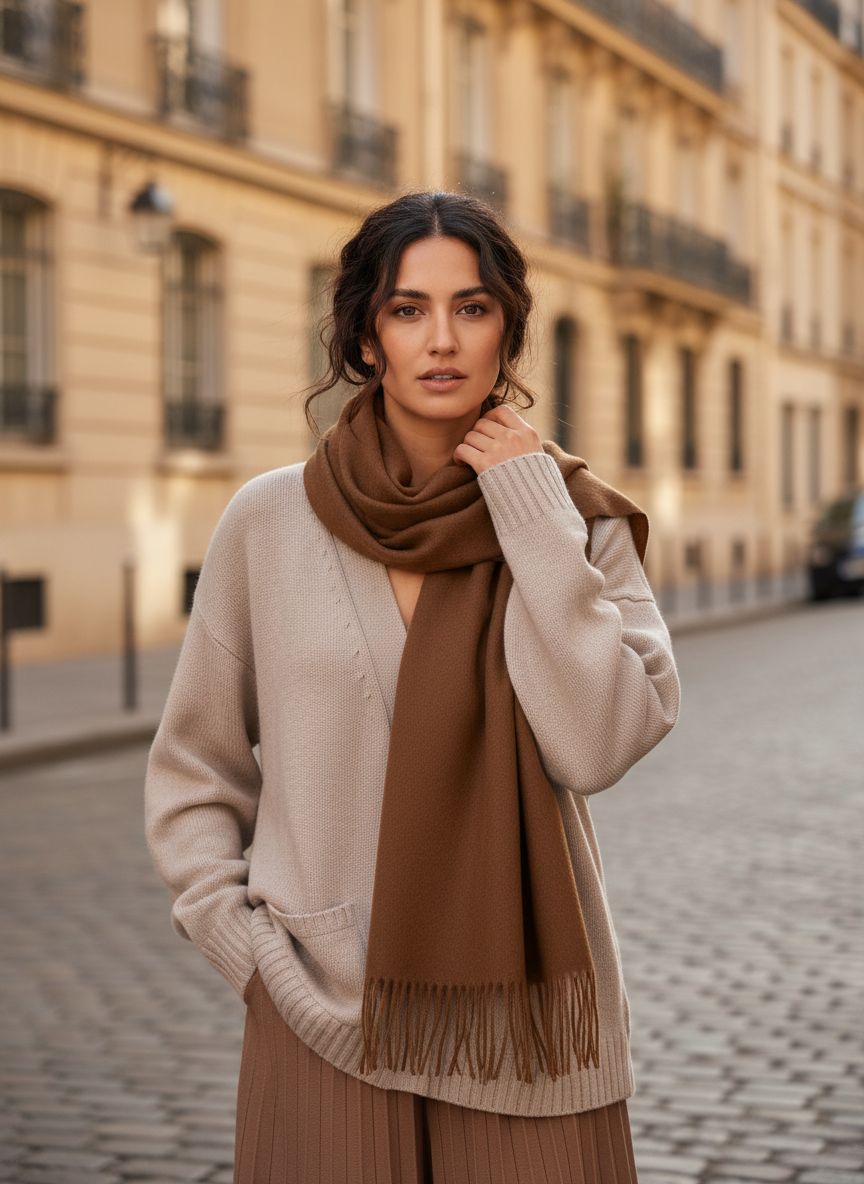 Cashmere winter scarf in warm neutral tone with fringed edges — view 4