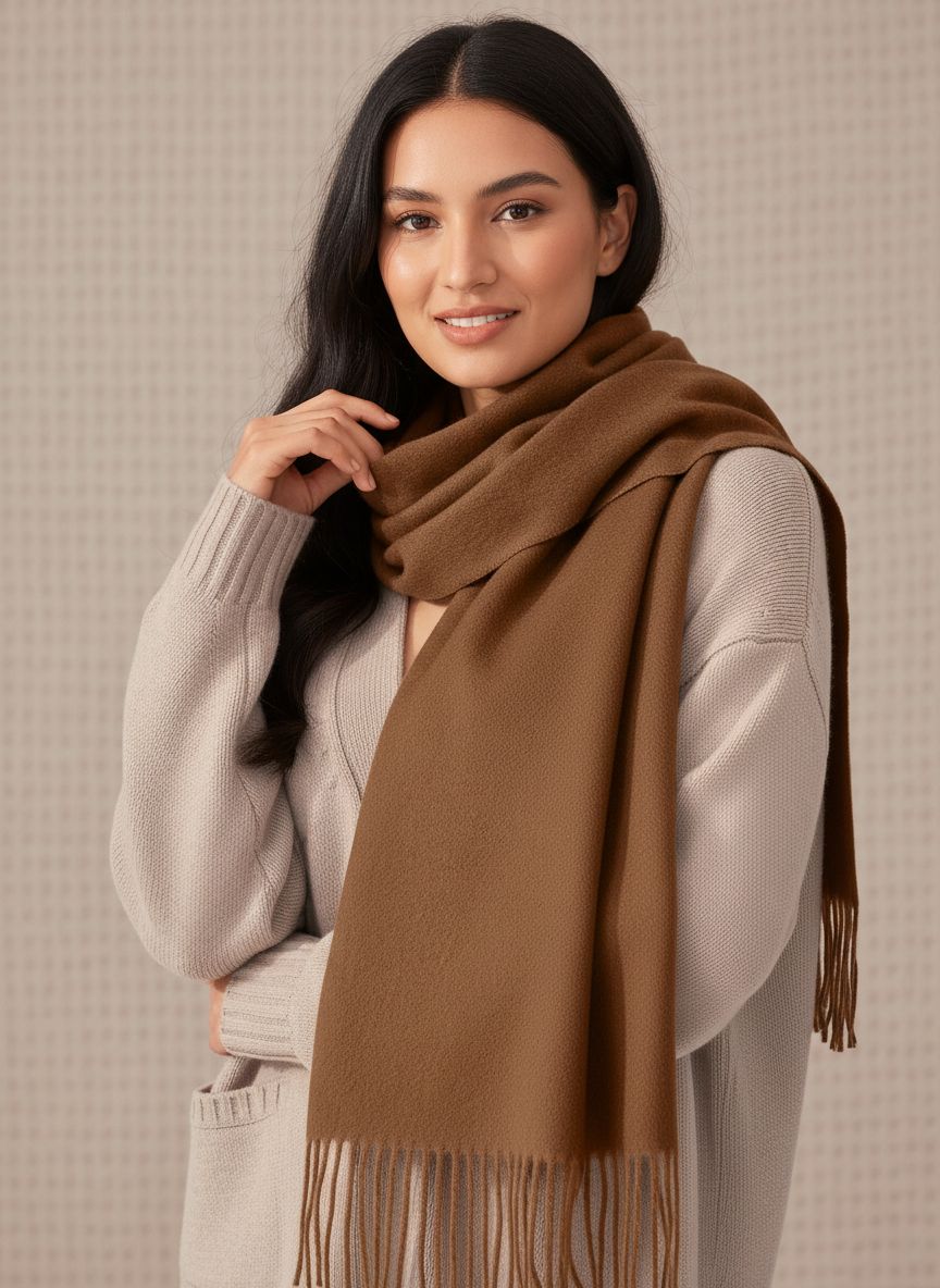 Cashmere winter scarf in warm neutral tone with fringed edges — view 6