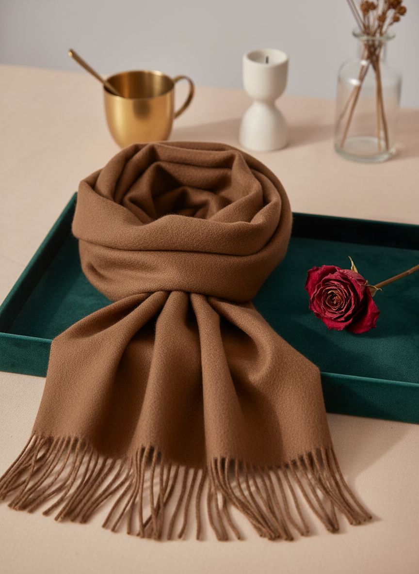 Cashmere winter scarf in warm neutral tone with fringed edges — view 4