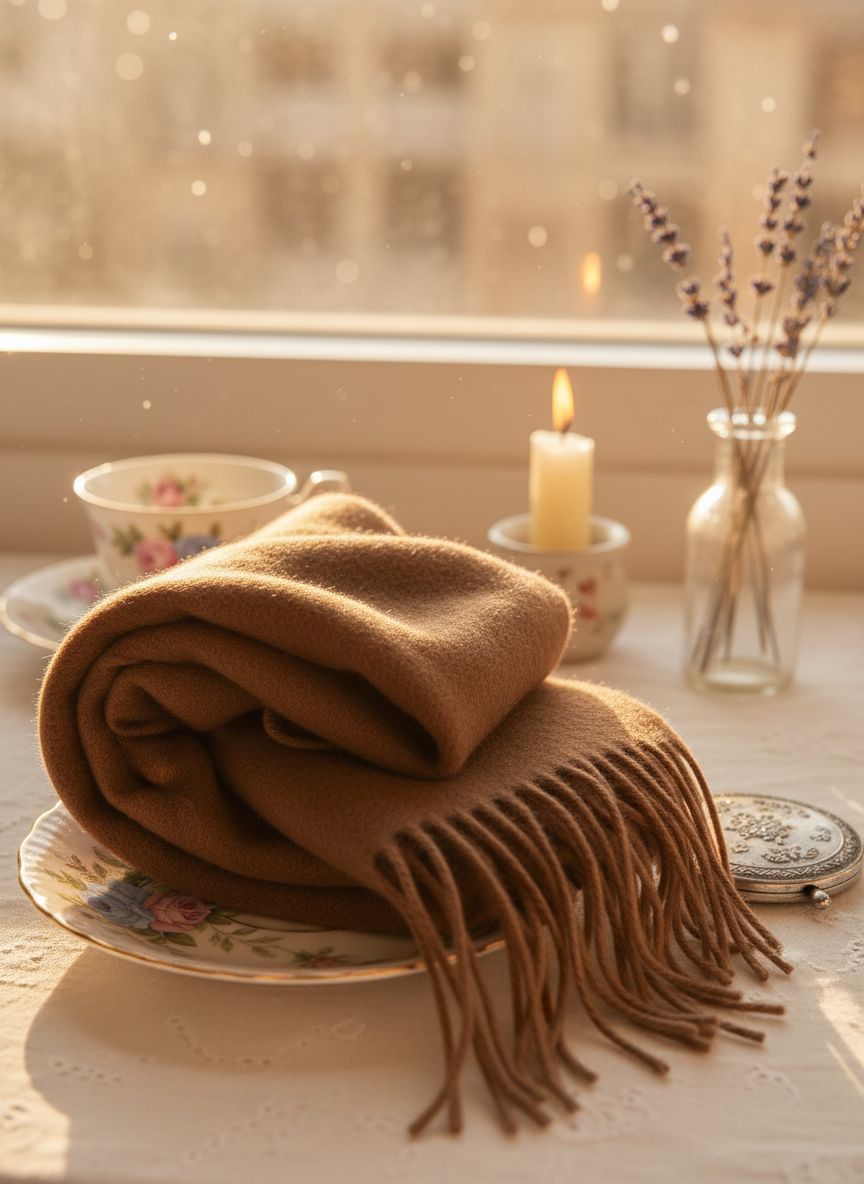 Cashmere winter scarf in warm neutral tone with fringed edges — view 3
