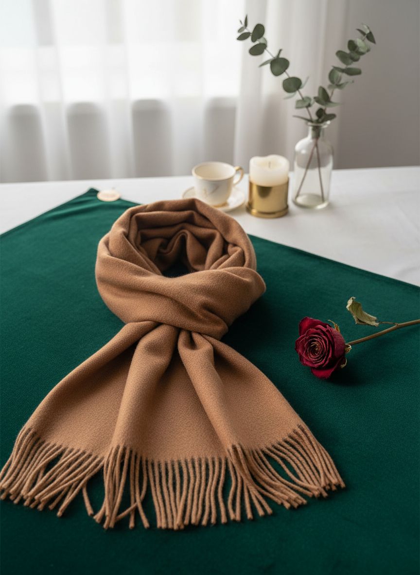 Cashmere winter scarf in warm neutral tone with fringed edges — view 5
