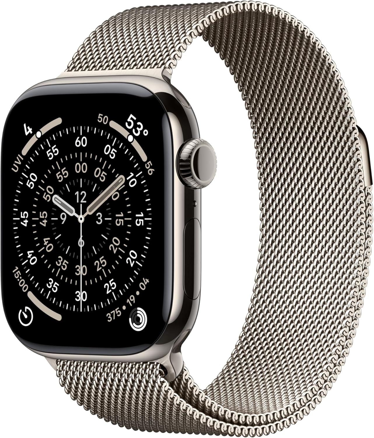 Titanium smartwatch with silver milanese loop band — fitness tracking — view 1
