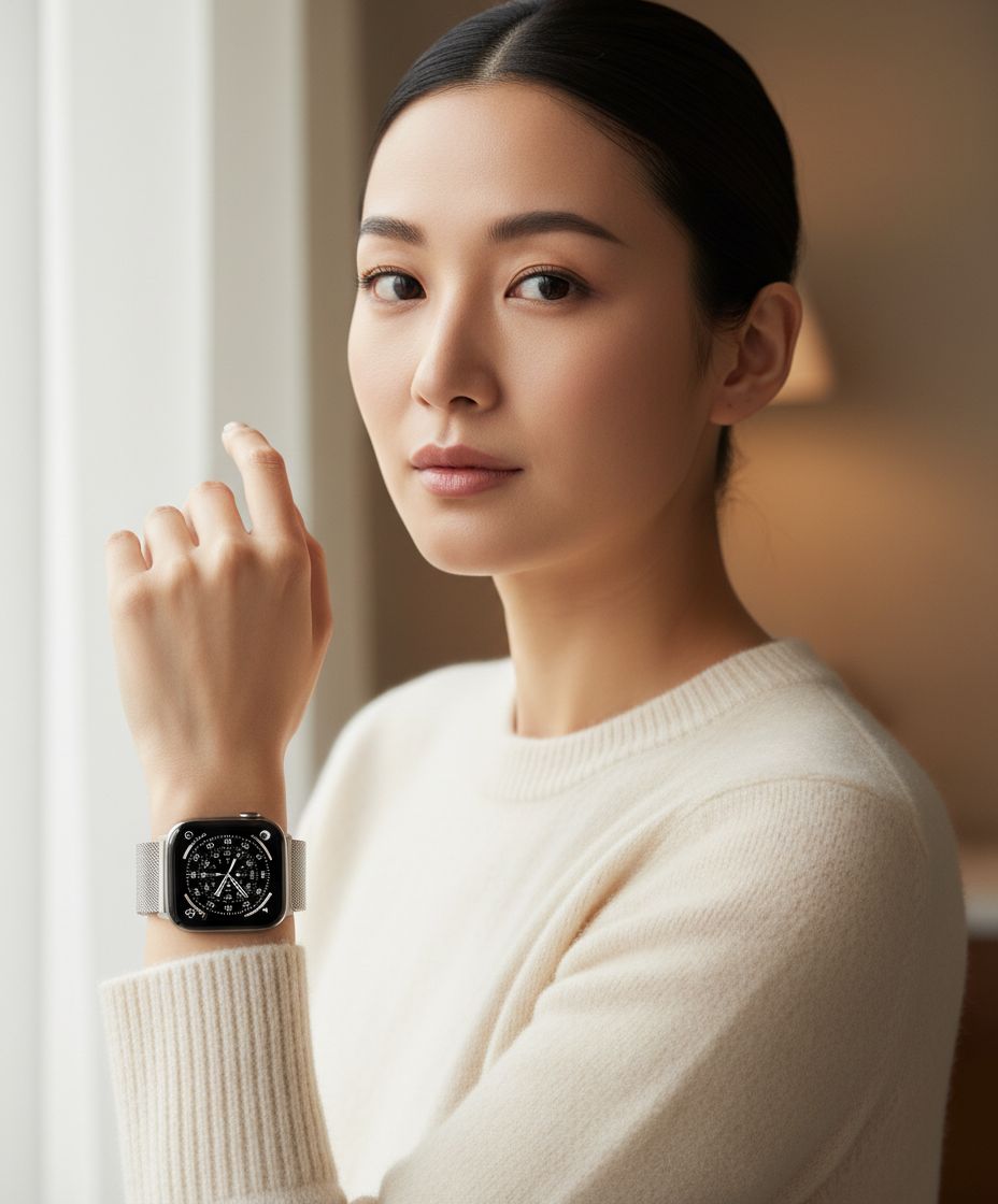 Titanium smartwatch with silver milanese loop band — fitness tracking — view 1