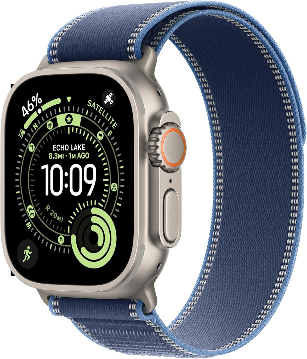 Blue titanium smartwatch with trail loop band — rugged multisport design — view 1