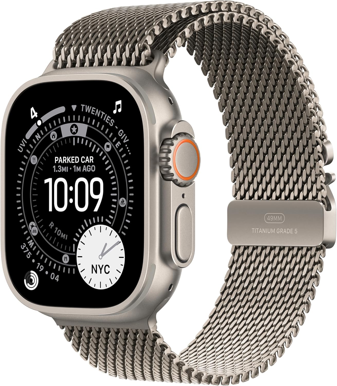 Blue titanium smartwatch with trail loop band — rugged multisport design — front