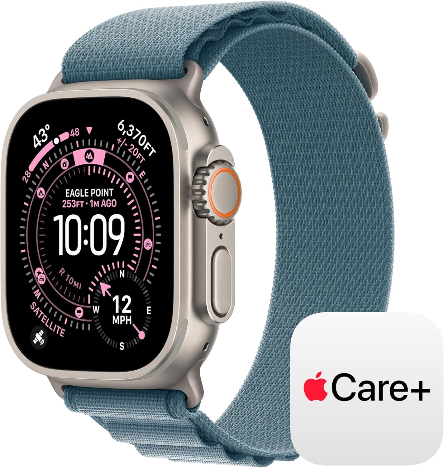Blue titanium smartwatch with trail loop band — rugged multisport design — side