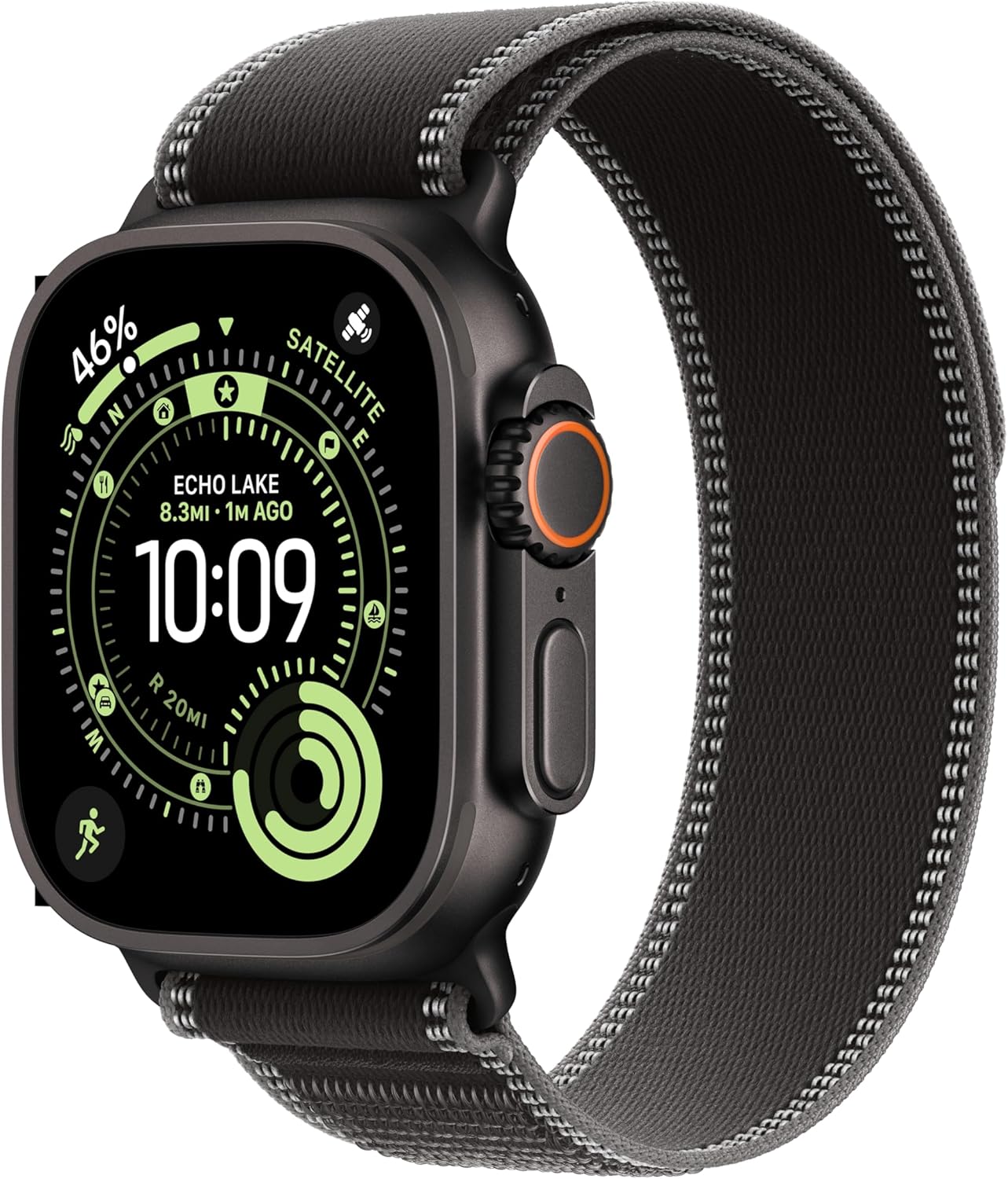 Blue titanium smartwatch with trail loop band — rugged multisport design — back