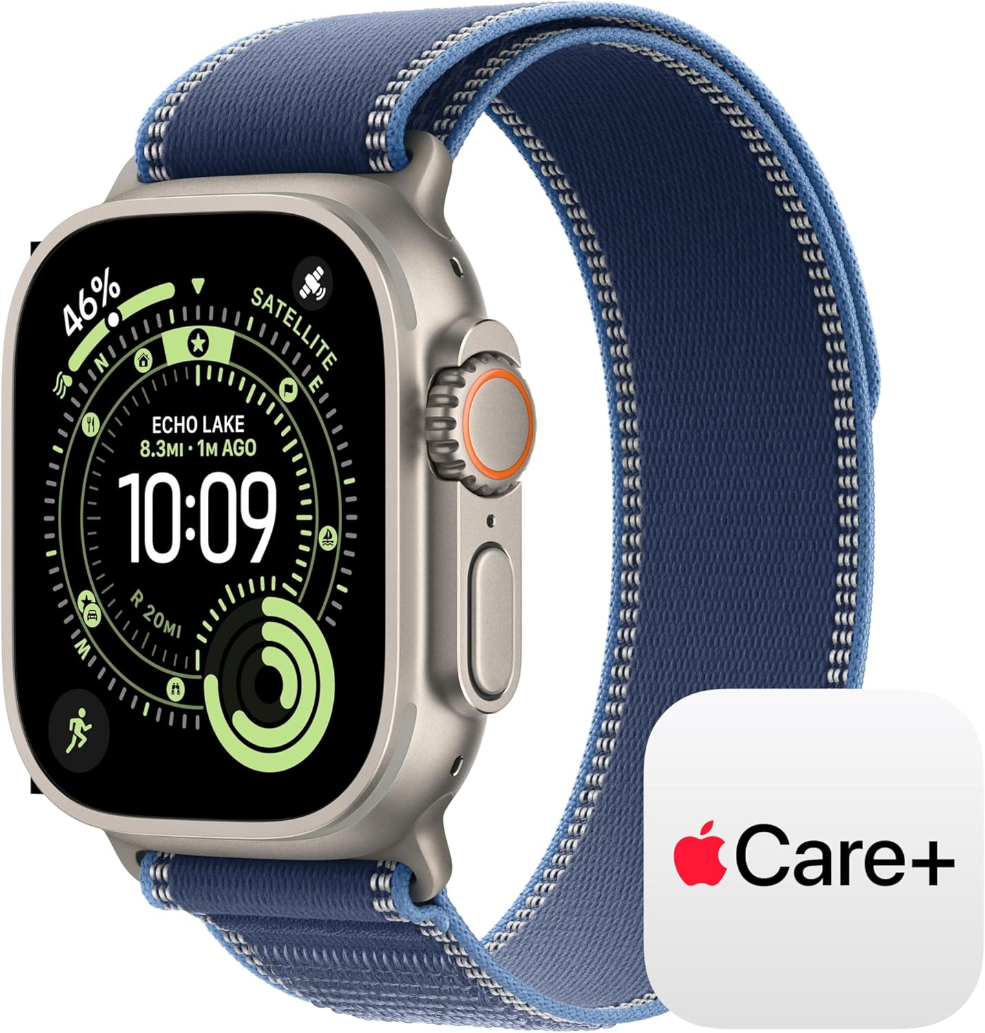 Blue titanium smartwatch with trail loop band — rugged multisport design — detail