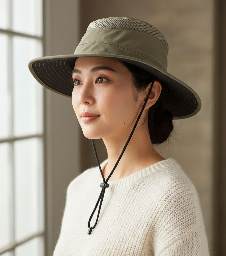 Nylon sun hat in neutral tone with wide brim for sun protection — view 1