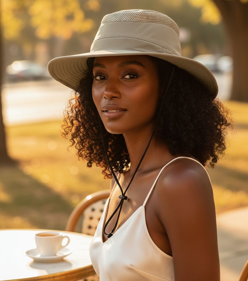 Nylon sun hat in neutral tone with wide brim for sun protection — view 3