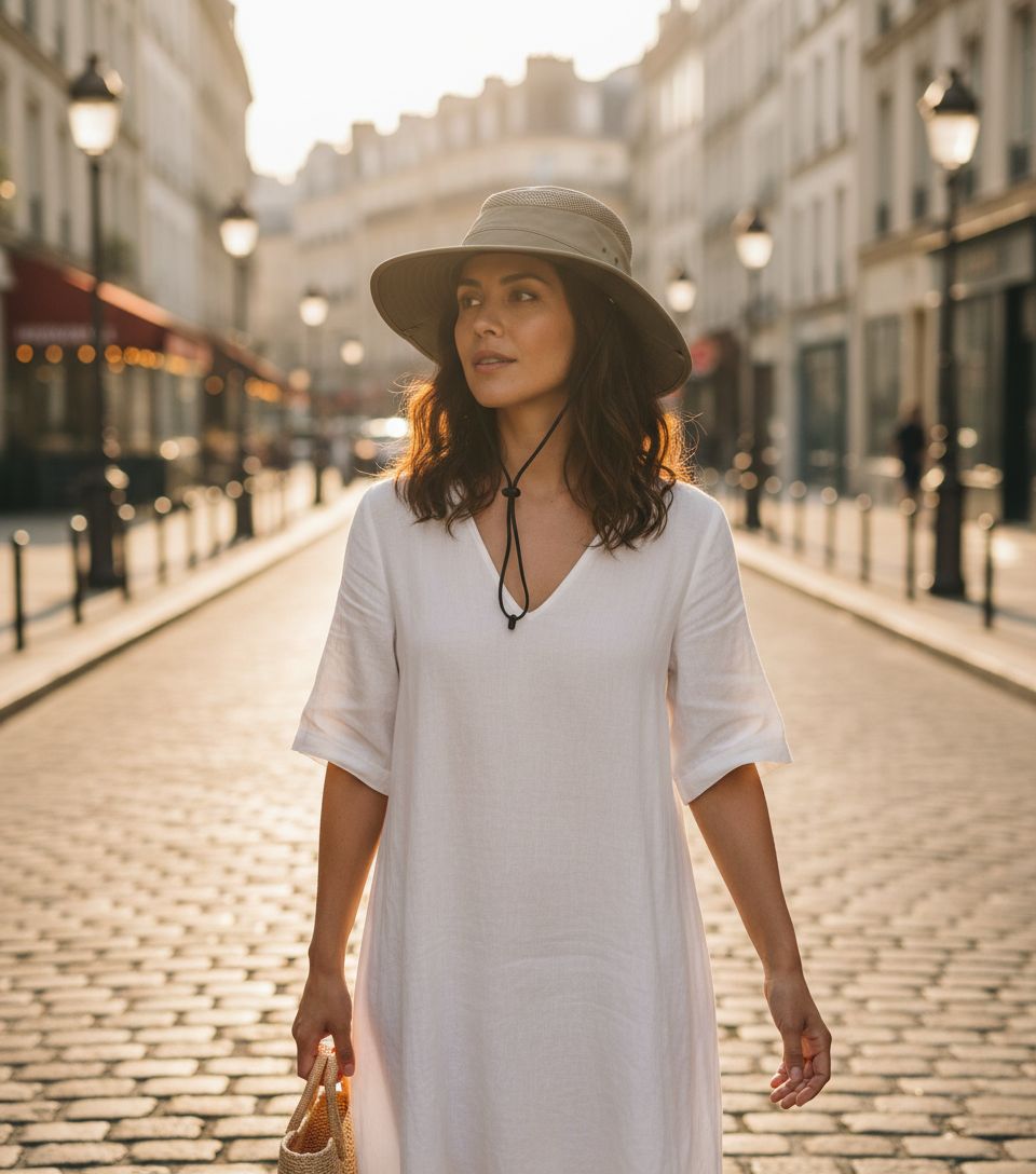 Nylon sun hat in neutral tone with wide brim for sun protection — view 2