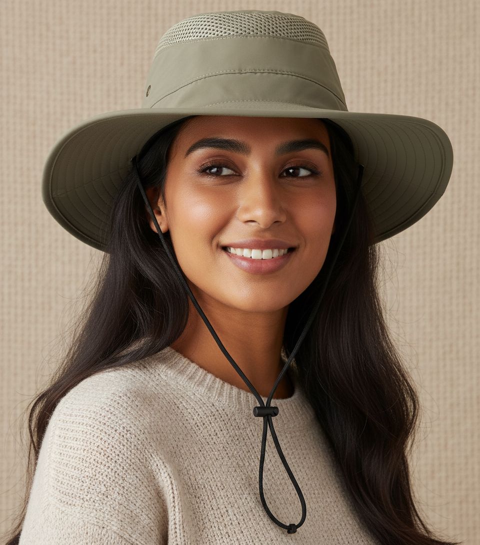 Nylon sun hat in neutral tone with wide brim for sun protection — view 4