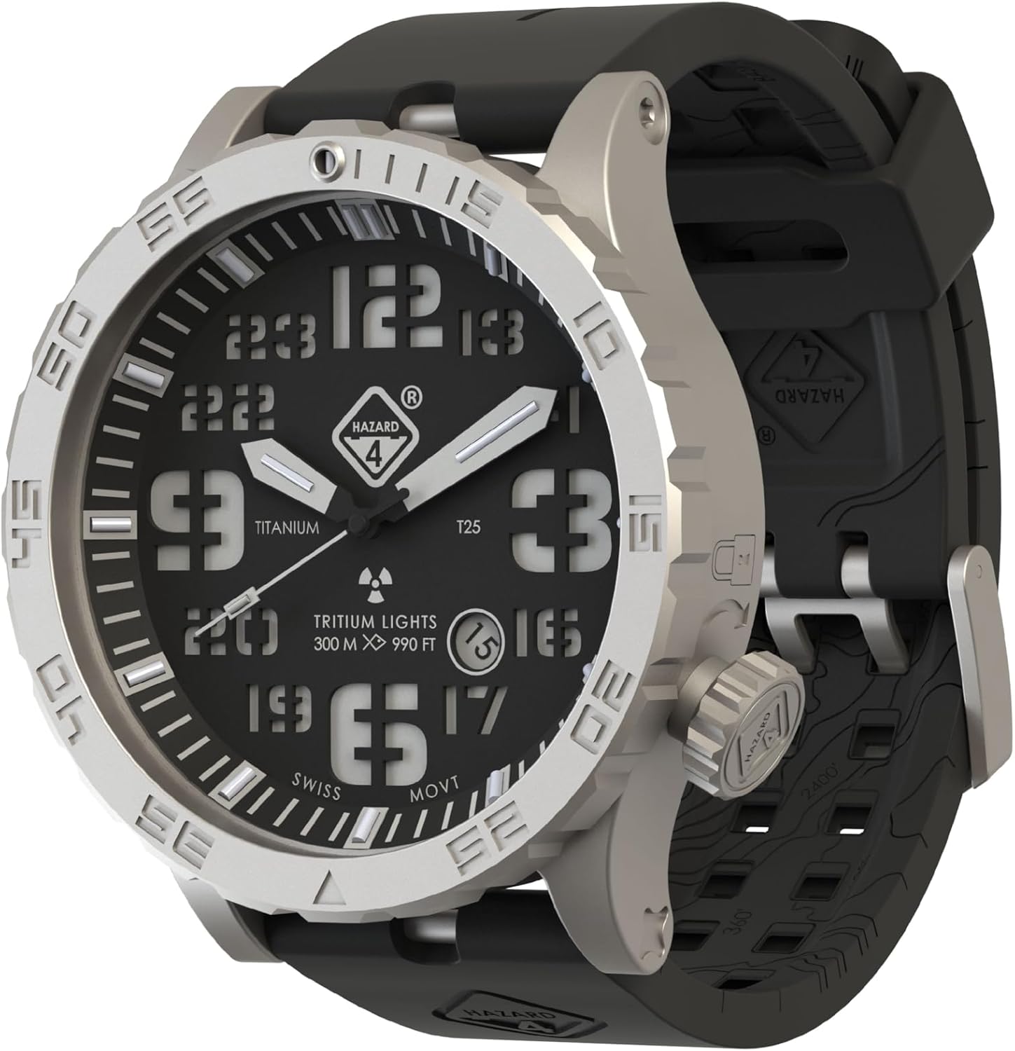 Titanium diver watch in silver — bold tritium dial, water-resistant — side
