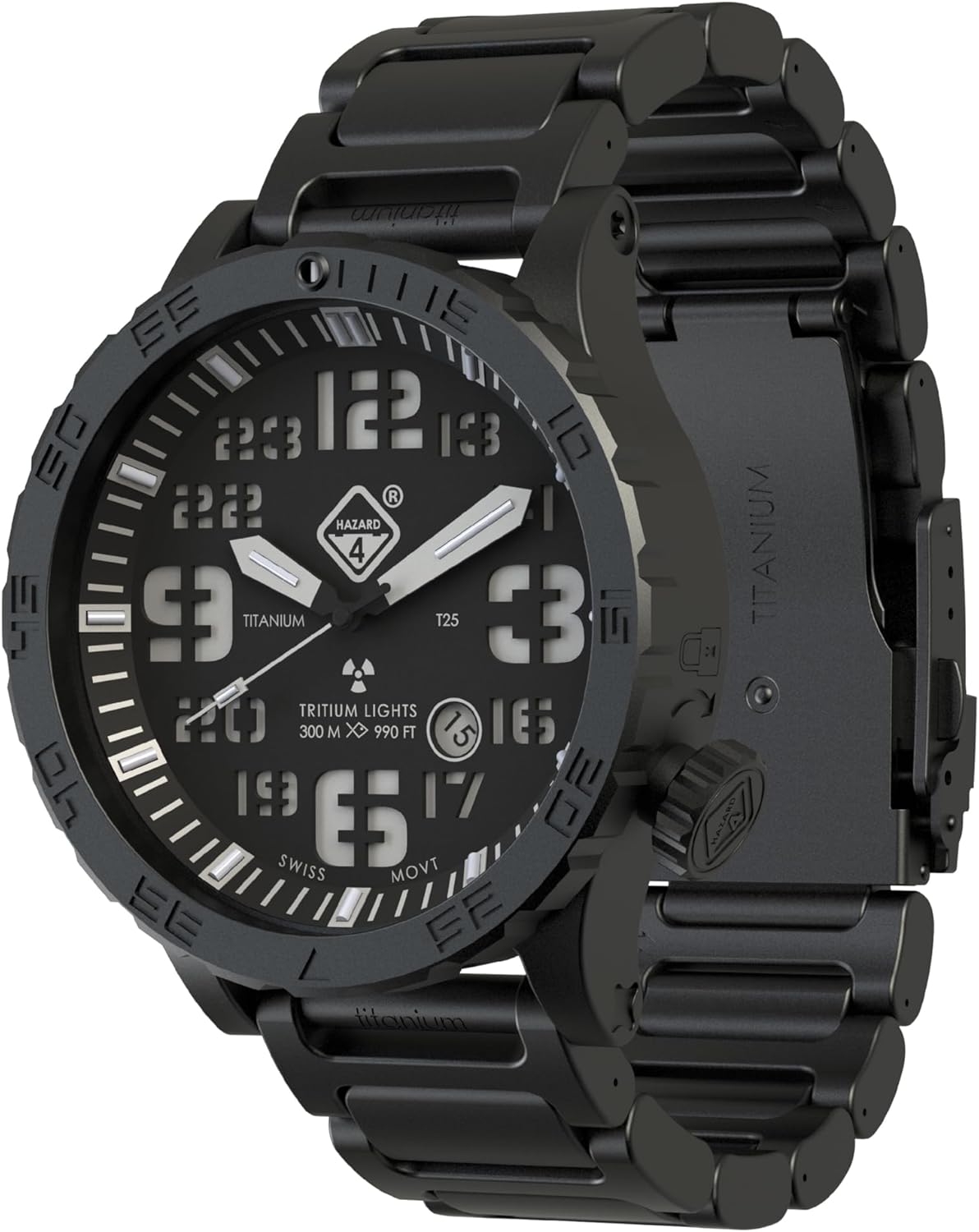 Titanium diver watch in silver — bold tritium dial, water-resistant — back