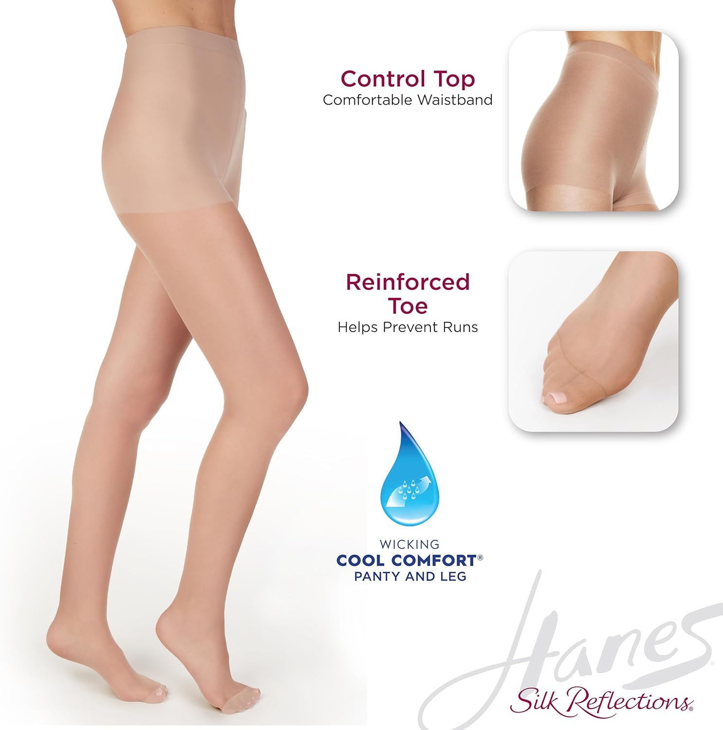 Hanes women's control top pantyhose in neutral tone with reinforced toe — view 4