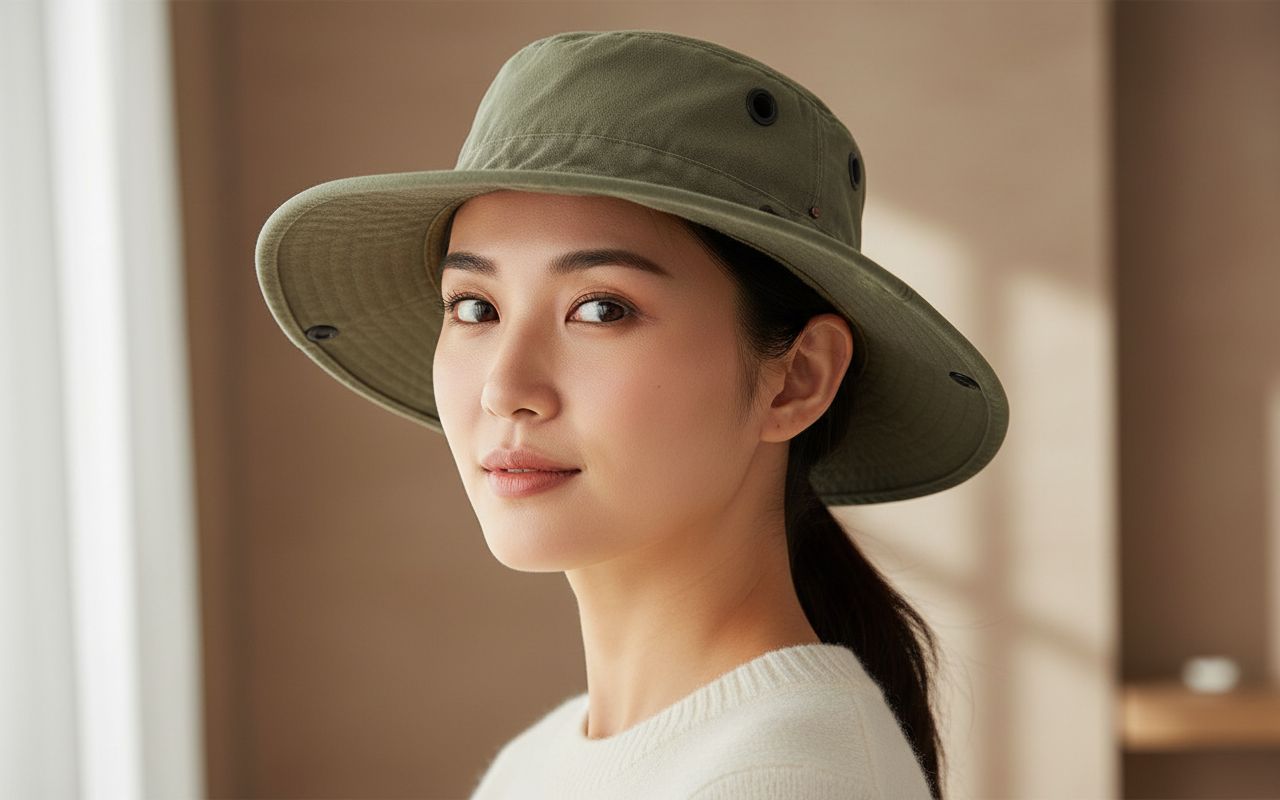 Cotton canvas sun hat in warm neutral — classic travel style — view 1