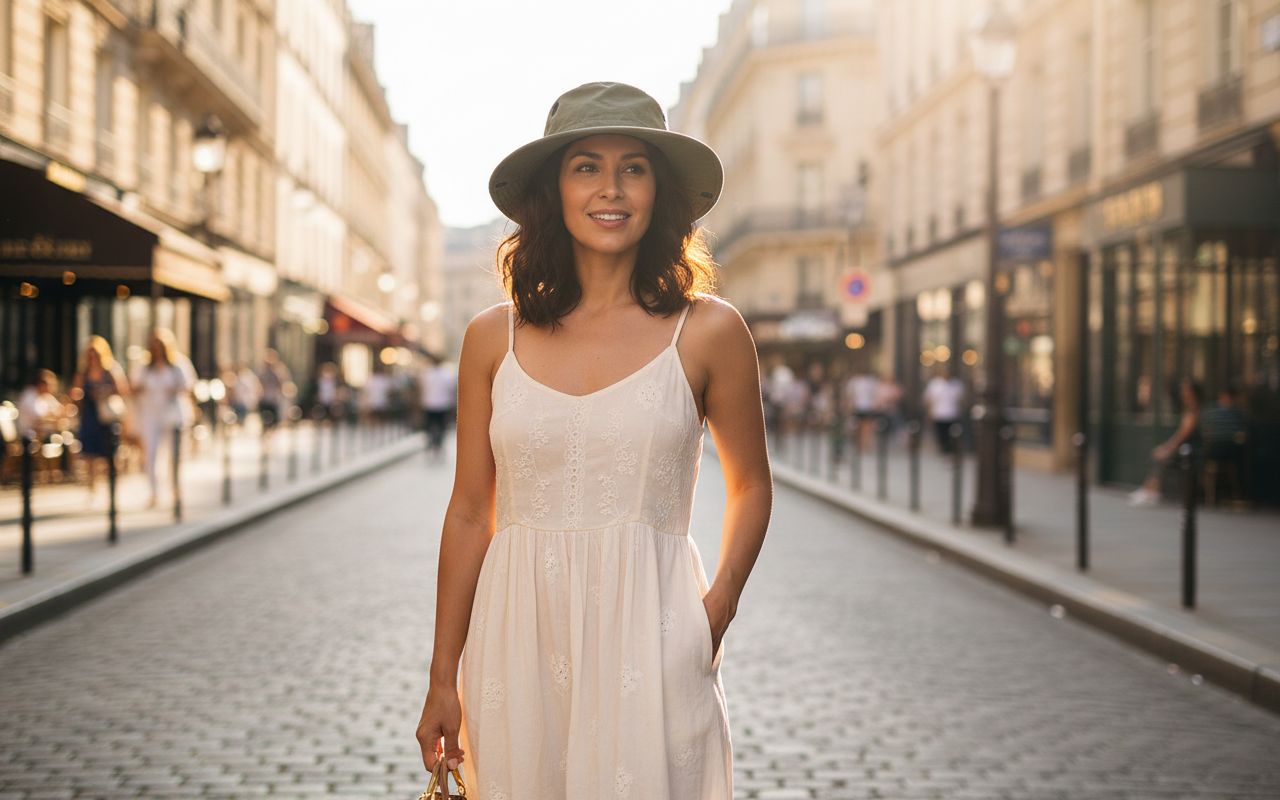 Cotton canvas sun hat in warm neutral — classic travel style — view 2