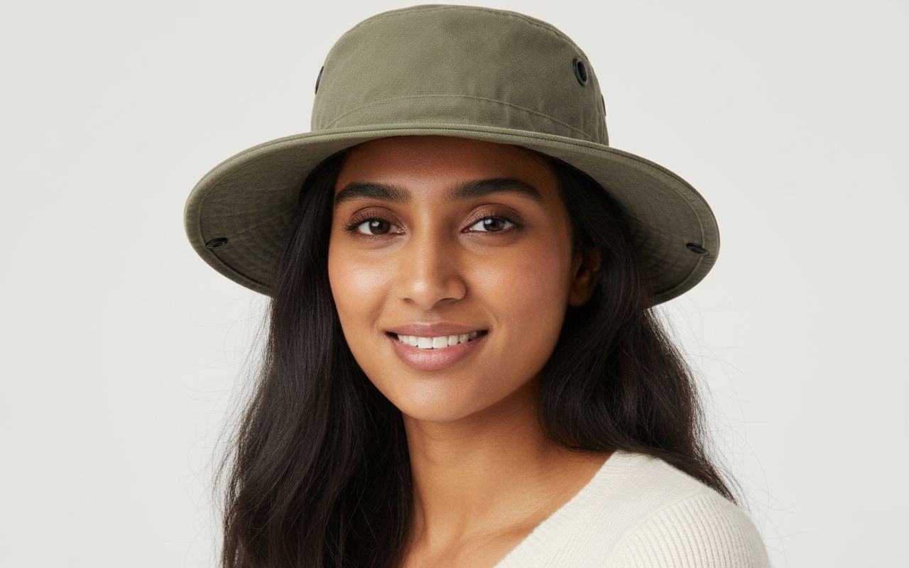 Cotton canvas sun hat in warm neutral — classic travel style — view 4