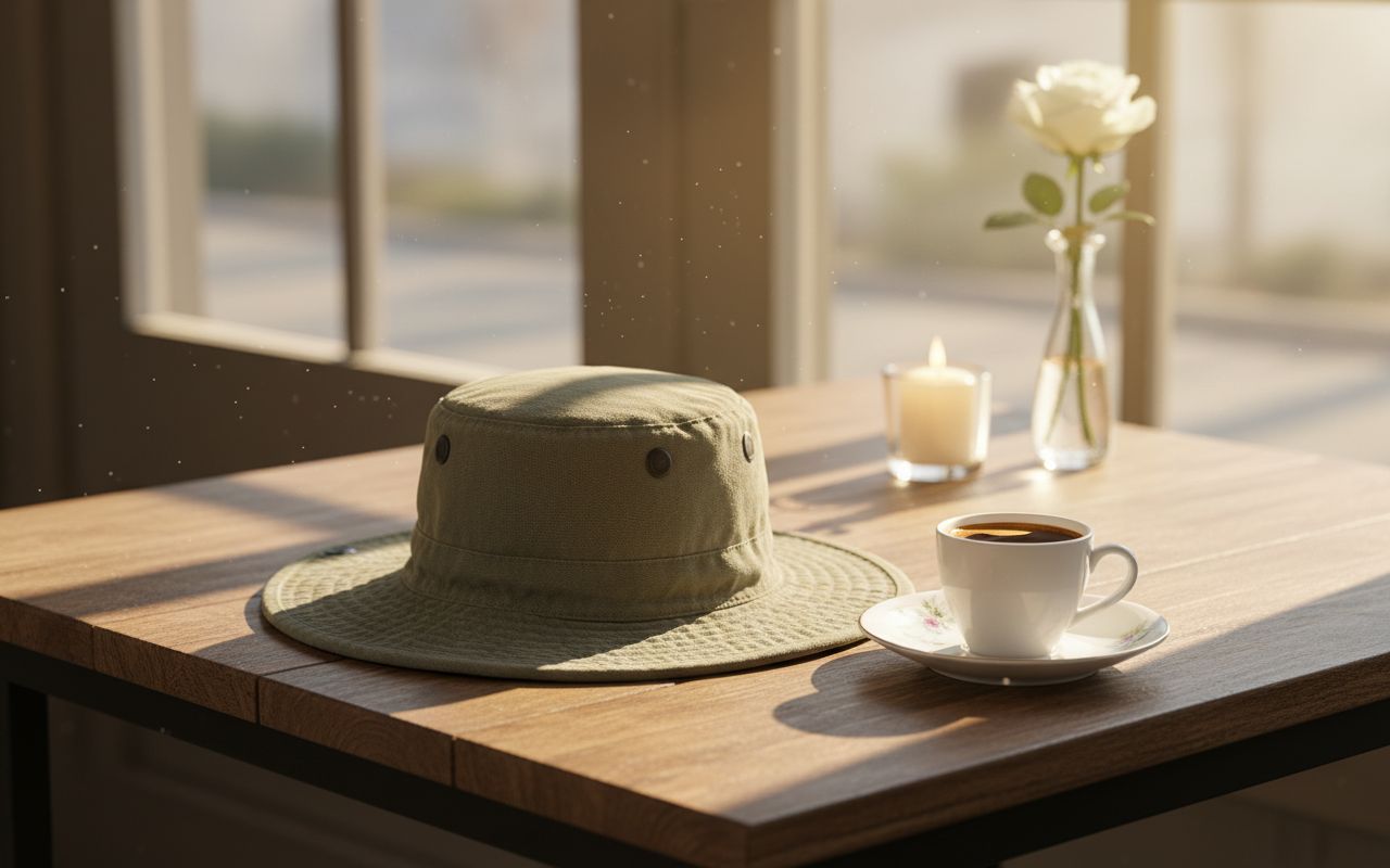 Cotton canvas sun hat in warm neutral — classic travel style — view 2